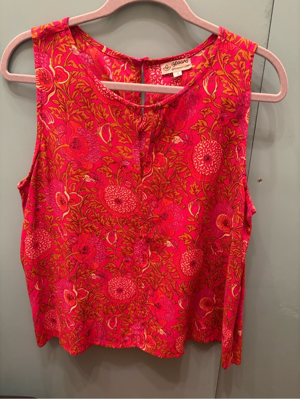 Apana Floral Sleeveless Tank Top - Hot Pink & Gold Accents